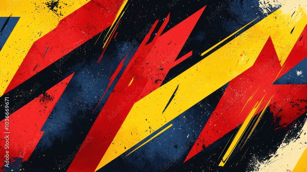 Naklejka premium This image features a dynamic abstract design with bold strokes of red, yellow, and blue against a textured dark background, showcasing modern artistic flair.