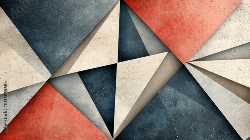 This abstract digital artwork features sharp triangular shapes in a textured blend of red, blue, and beige colors, creating a modern pattern.