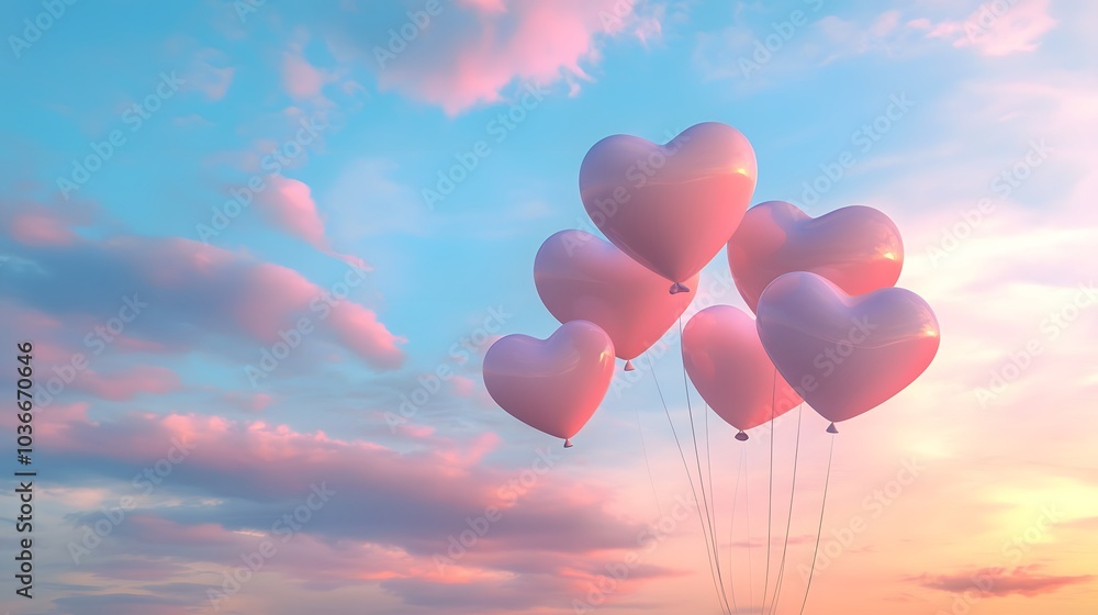 Floating heart-shaped balloons against a pastel sky at sunset: 3D-rendered heart-shaped balloons gently floating in the sky with soft glowing colors from a pastel sunset Floating heart-shaped balloons against a pastel sky at sunset: 3D-rendered heart-shaped balloons gently floating in the sky with soft glowing colors from a pastel sunset