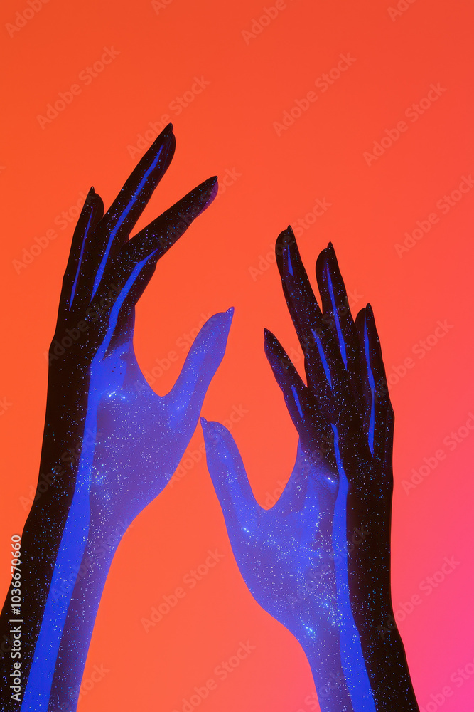 Cosmic Dance: Abstract Hands Illuminated in Vibrant Contrast Cosmic Dance: Abstract Hands Illuminated in Vibrant Contrast