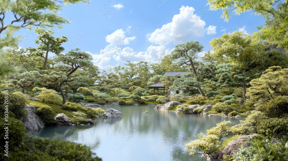 Serene Traditional Japanese Tea Garden in Ancient Medieval Japan - Ultra-Detailed Landscape Photo Serene Traditional Japanese Tea Garden in Ancient Medieval Japan - Ultra-Detailed Landscape Photo
