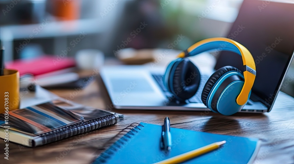 Naklejka premium Vibrant Headphones on a Modern Workspace Desk