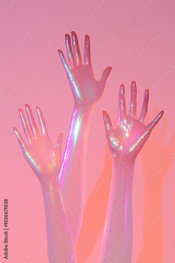 Surrealistic Hands Reaching in Vivid Iridescent Hues Surrealistic Hands Reaching in Vivid Iridescent Hues