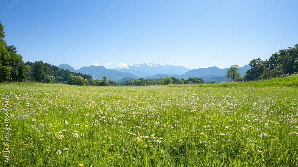 Tranquil Ancient Japanese Meadow with Majestic Mountains in the Background under Clear Blue Sky, Ultra-Detailed Landscape Photography Tranquil Ancient Japanese Meadow with Majestic Mountains in the Background under Clear Blue Sky, Ultra-Detailed Landscape Photography