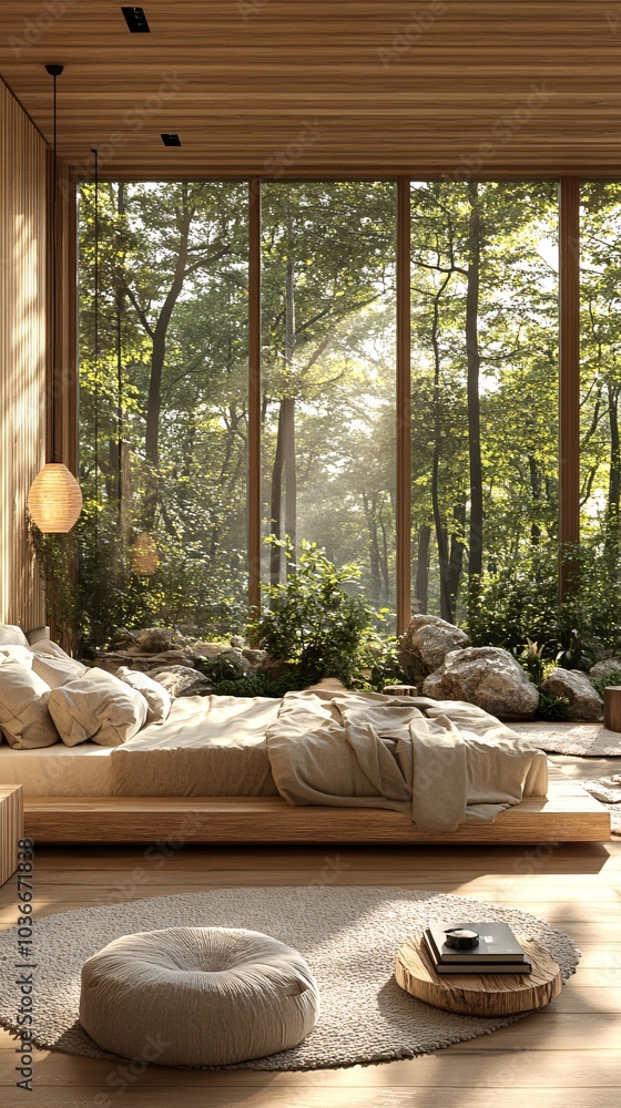 Fototapeta premium Modern Luxury Bedroom with Floor-to-Ceiling Windows