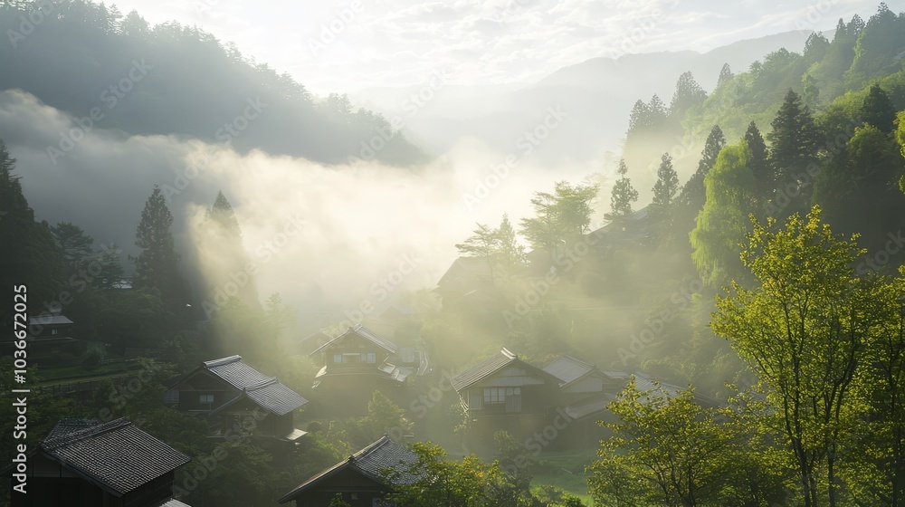 Obraz premium Serene Morning in Ancient Japanese Mountain Village - Ultra-Detailed Landscape with Fog, Sun Rise, and Wooden Houses