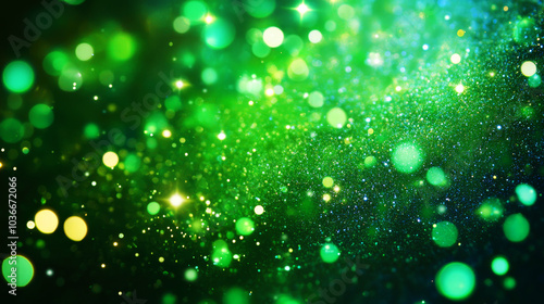 particles abstract bokeh background with shining green floor stars dust. Celebration futuristic glittering in space with background for party or Festival holiday