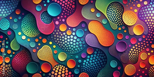 A vibrant, abstract pattern featuring overlapping, 3D, colorful circles and shapes, with a speckled texture, showcasing a dynamic and mesmerizing design.