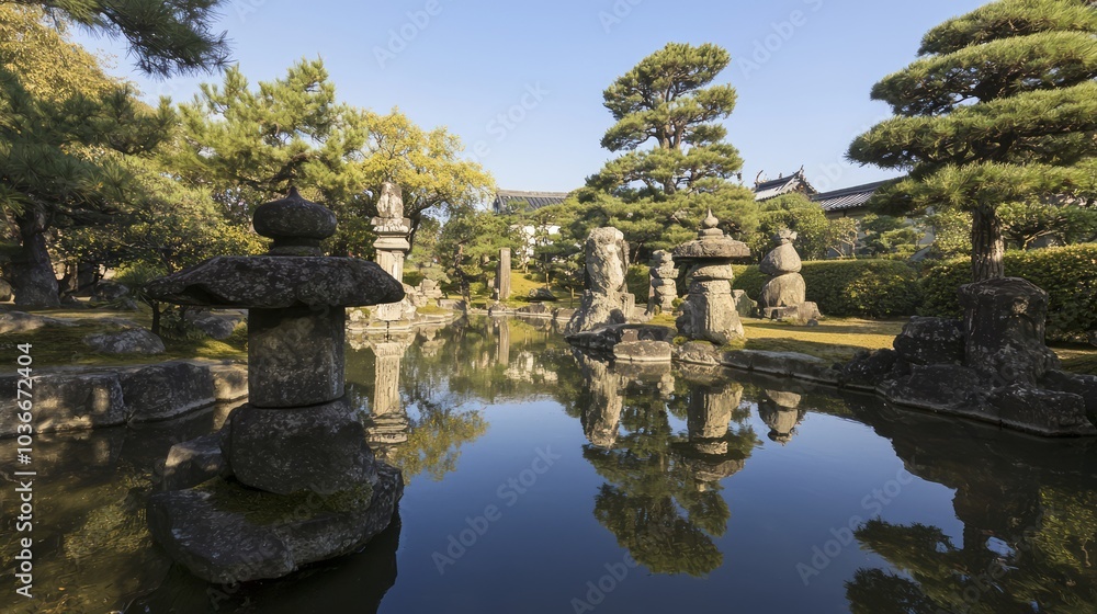 Tranquil Bonsai Garden in Ancient Japanese Landscape with Stone Sculptures and Reflective Pond, Serene Zen Atmosphere, Ultra-Detailed Photography Tranquil Bonsai Garden in Ancient Japanese Landscape with Stone Sculptures and Reflective Pond, Serene Zen Atmosphere, Ultra-Detailed Photography