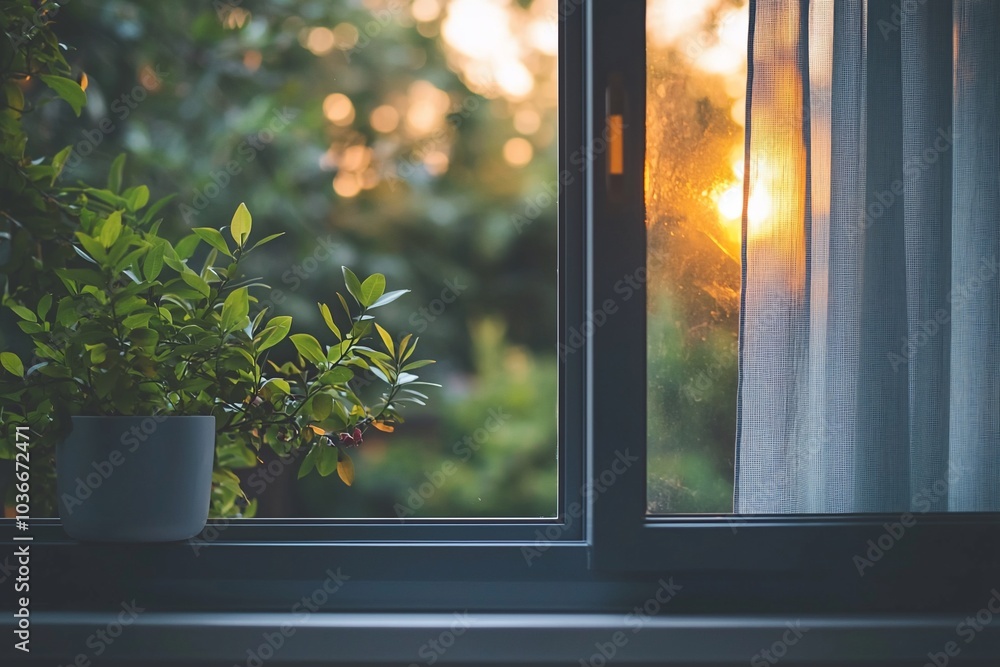 A potted plant sits on a windowsill, with the sun setting outside, casting a warm glow through the sheer curtain. A potted plant sits on a windowsill, with the sun setting outside, casting a warm glow through the sheer curtain.