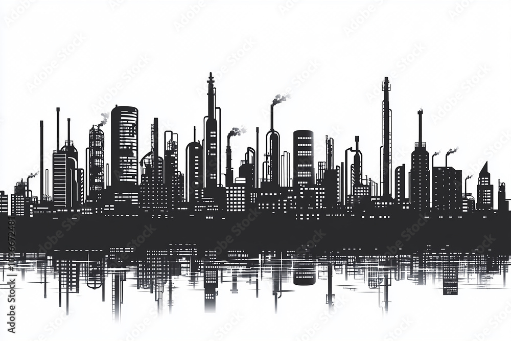 Fototapeta premium Industrial city Cityscape black and white silhouette vector illustration on white background