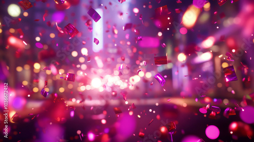 Festival background with many falling tiny confetti pieces. Randomly flowing confetti with blurred background. Celebration glitter backdrop for party or holiday