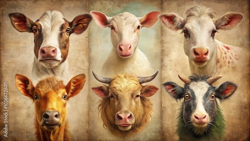 Charming vintage farm animal head collection featuring a cow, pig, sheep, chicken, horse, and goat—perfect rustic decor accents for your home and garden. photo