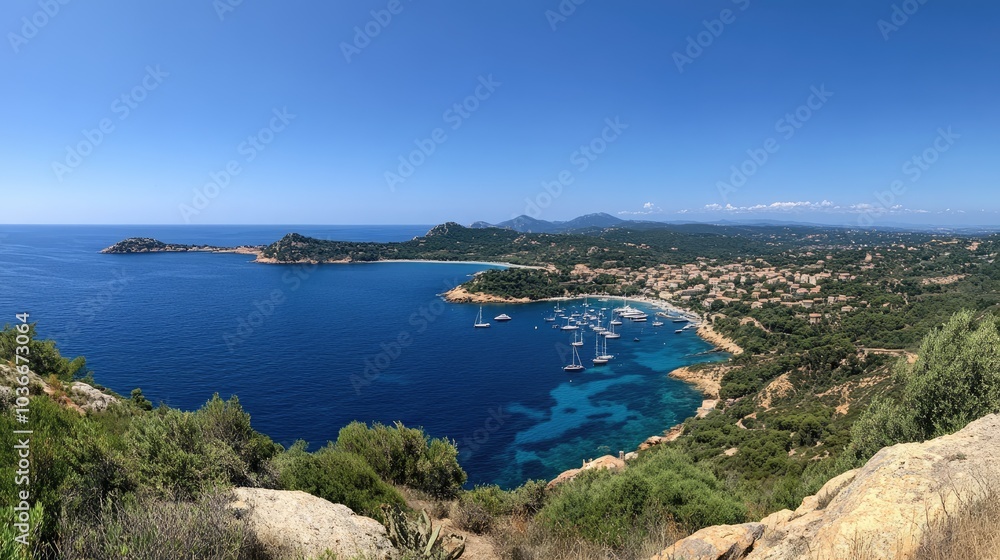 Serene Coastline with Clear Blue Waters and Sailboats Serene Coastline with Clear Blue Waters and Sailboats