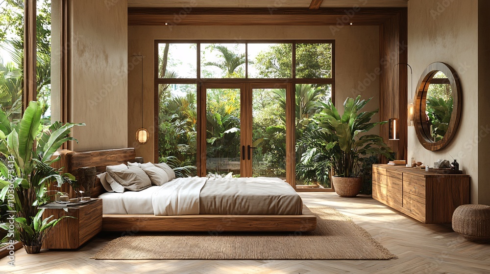 Modern Bedroom with Warm Wood Tones and Greenery Modern Bedroom with Warm Wood Tones and Greenery