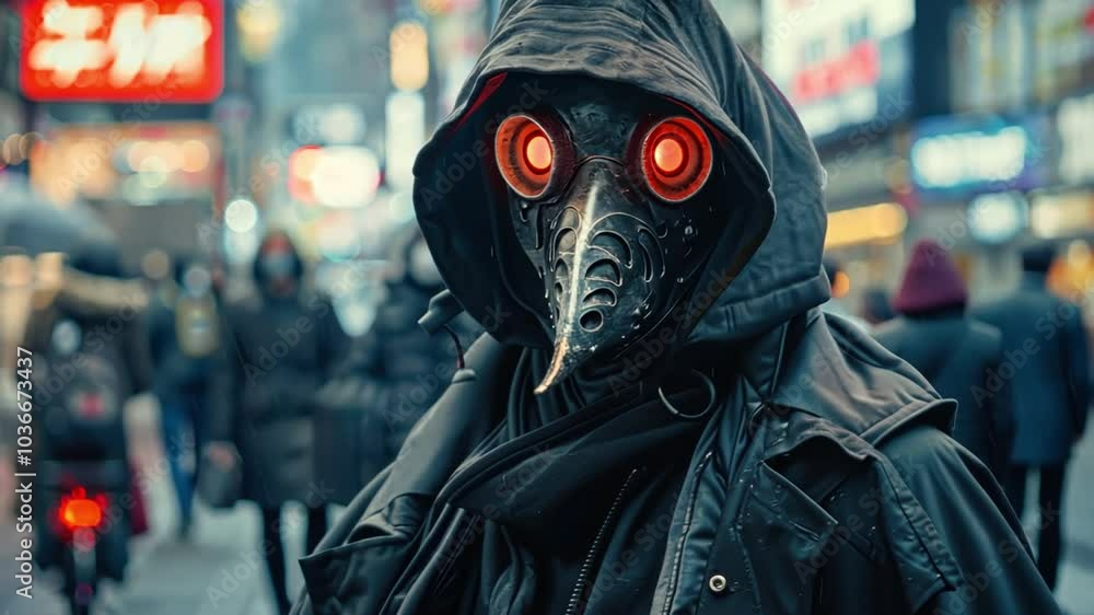 A female plague doctor in a modern cityscape, wearing a sleek, updated mask with glowing red eyes, A female plague doctor in a modern cityscape, wearing a sleek, updated mask with glowing red eyes,