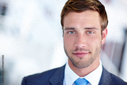 Portrait, businessman and office with pride, suit and confidence as accountant for financial agency. Male person, professional and serious for investment opportunity, portfolio and banking in company