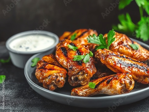 Delicious grilled chicken wing platter served with creamy dip and fresh herbs, perfect for appetizers or party snacks.