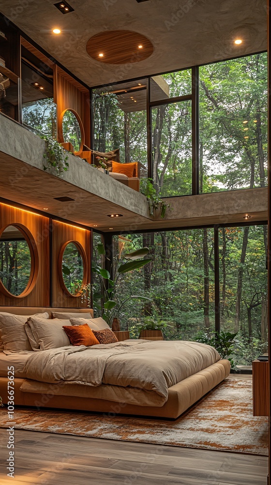 Fototapeta premium Modern Bedroom with Forest View and Double Height Design
