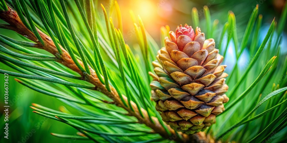 A young pine cone nestled amongst verdant needles basking in the warmth of the afternoon sun. A young pine cone nestled amongst verdant needles basking in the warmth of the afternoon sun.