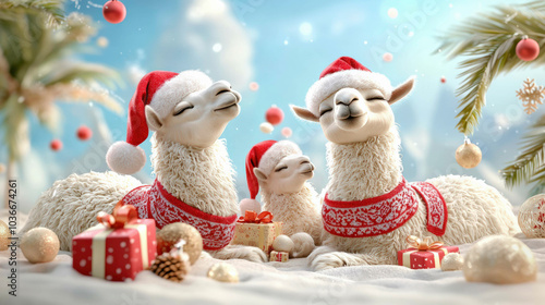 Three cheerful llamas wearing Santa hats and festive sweaters sit together on a snowy backdrop, surrounded by holiday decorations and gifts.