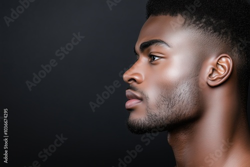 Captivating profile portrait of a young man against a dark backdrop. Generative AI