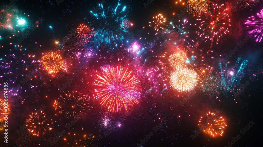 Fototapeta premium Festival Fireworks with colored night sky bokeh background. Beautiful holiday web banner or billboard. Greeting card Happy New Year 2025.