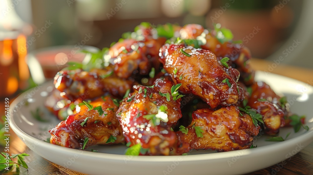 Chicken wings covered in sauce are served on a white plate, garnished with herbs. Concept is appetizing and flavorful food presentation. For food blogs and menus... Chicken wings covered in sauce are served on a white plate, garnished with herbs. Concept is appetizing and flavorful food presentation. For food blogs and menus...