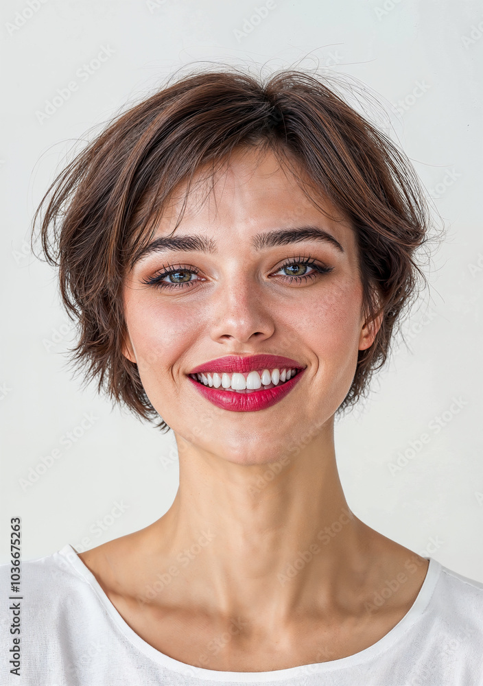 portrait d'une jeune femme, 30 ans environ, cheveux courts, en train de rigoler - fond blanc portrait d'une jeune femme, 30 ans environ, cheveux courts, en train de rigoler - fond blanc