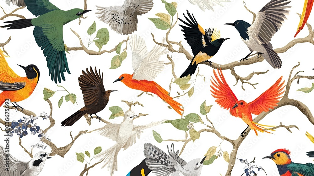 Obraz premium Vibrant background pattern featuring different bird species.