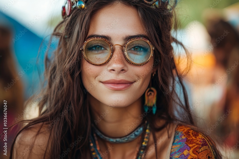 Beautiful hippie woman enjoying at music festival, Generative AI Beautiful hippie woman enjoying at music festival, Generative AI