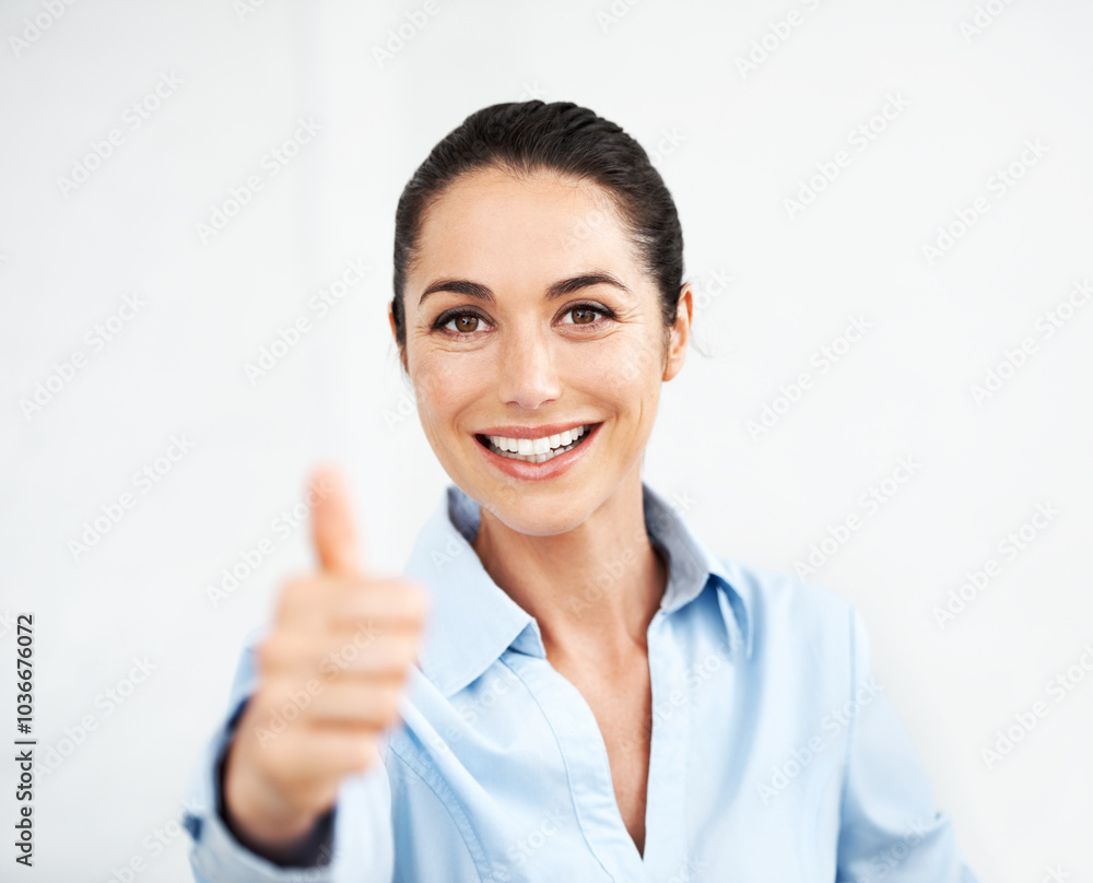 Portrait of businesswoman, review and thumbs up for good job or approval in studio on white background. Smile, deal or recruiter with like, yes sign or okay gesture for thank you or positive feedback Portrait of businesswoman, review and thumbs up for good job or approval in studio on white background. Smile, deal or recruiter with like, yes sign or okay gesture for thank you or positive feedback