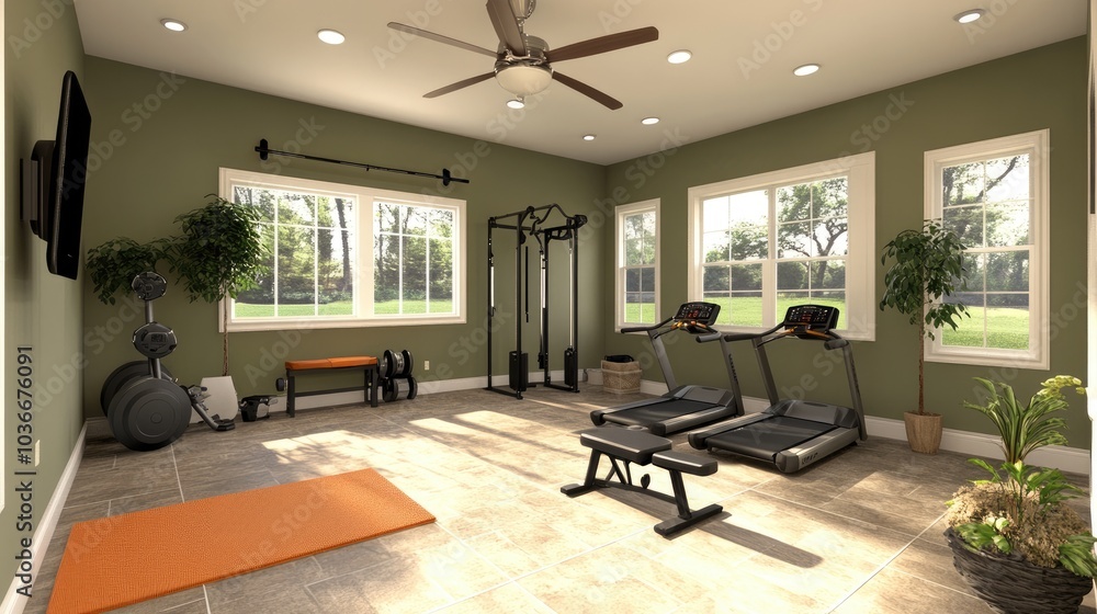 Bright Home Gym with Modern Equipment and Green Walls Bright Home Gym with Modern Equipment and Green Walls