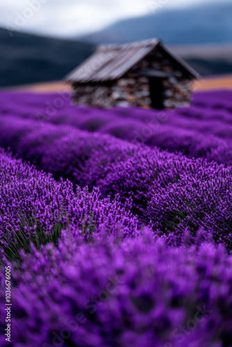 Enchanting Lavender Fields with Rustic Cabin and Mountain Views