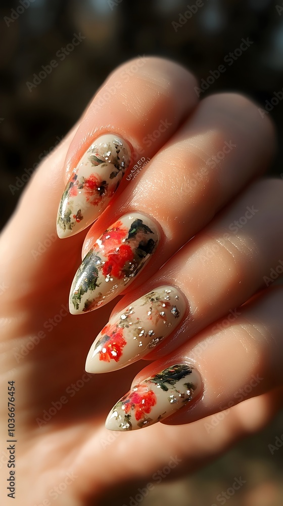 A close-up of a woman's hand showcasing beautifully manicured almond-shaped nails with floral designs in shades of red and green against a neutral background. A close-up of a woman's hand showcasing beautifully manicured almond-shaped nails with floral designs in shades of red and green against a neutral background.