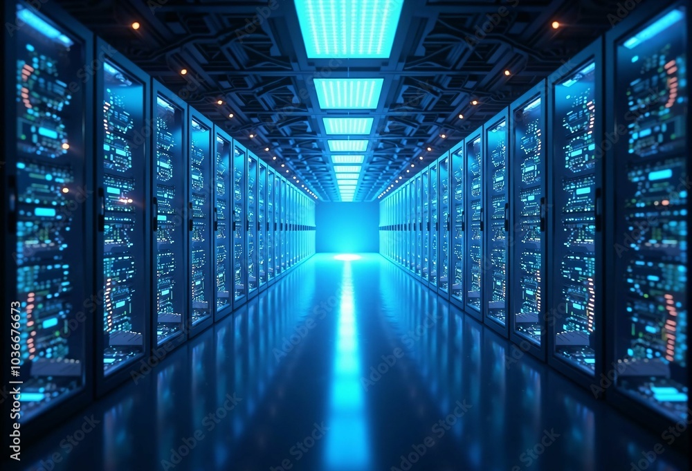 Fototapeta premium Futuristic Server Room and Data Center - The Core of Digital Infrastructure and Network Connectivity