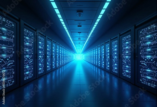 Futuristic Server Room and Data Center - The Core of Digital Infrastructure and Network Connectivity