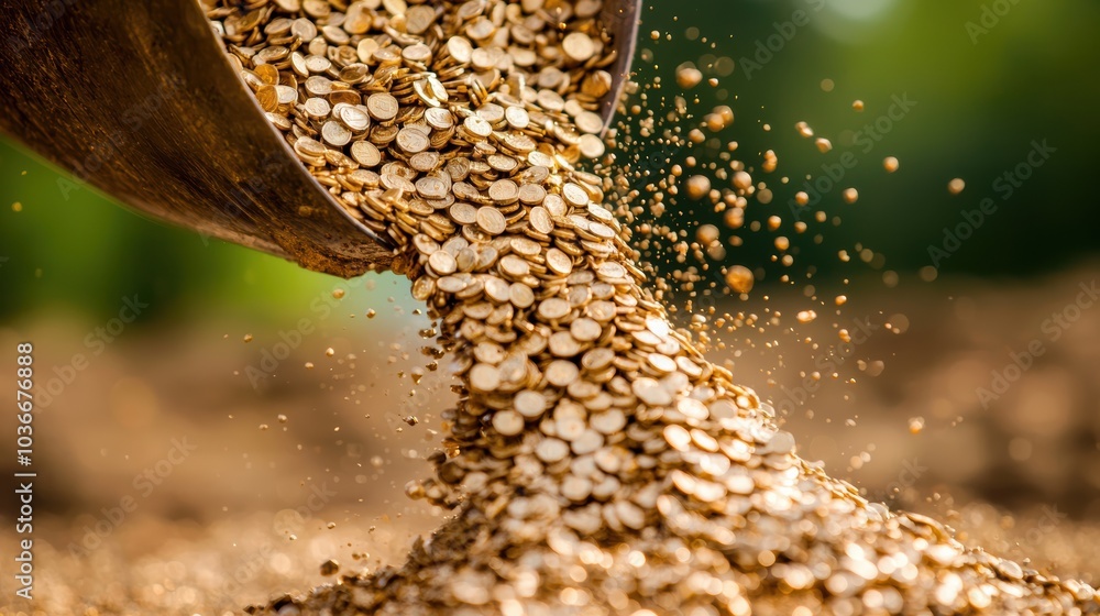 Golden Seeds Cascading from a Vessel in a Lush Green Field Golden Seeds Cascading from a Vessel in a Lush Green Field