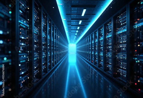 Futuristic Server Room and Data Center - The Core of Digital Infrastructure and Network Connectivity