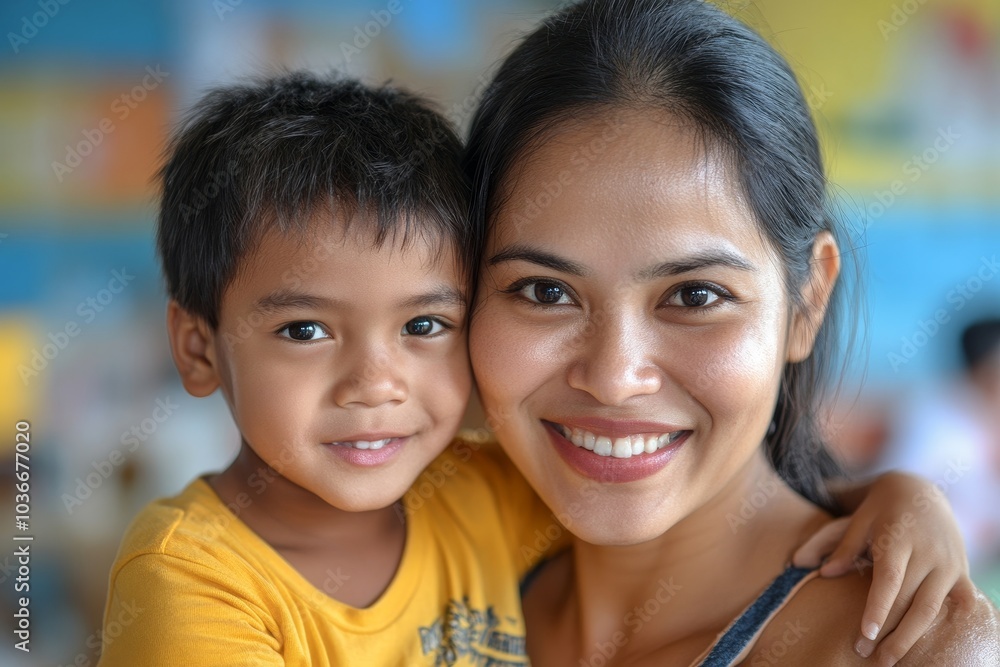 Mother and son after receiving immunity vaccine, Generative AI