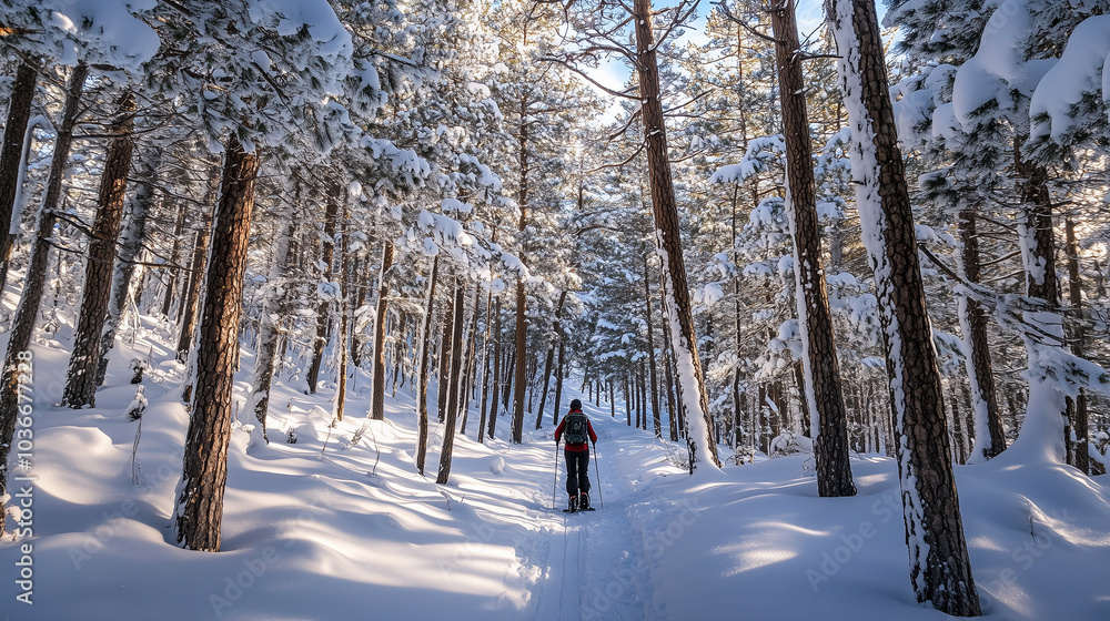 A person skiing through a snowy forest trail surrounded by tall pine trees on a bright winter day in a serene mountainous region A person skiing through a snowy forest trail surrounded by tall pine trees on a bright winter day in a serene mountainous region