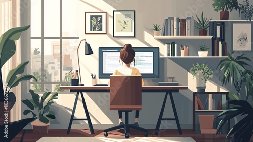 Woman Working from Home Office with Plants and Sunlight