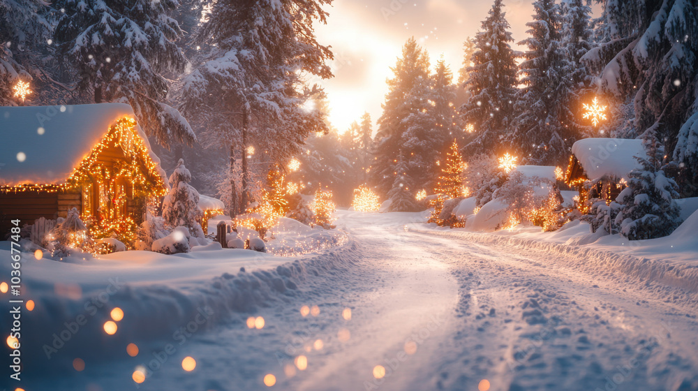 A winter evening stroll down a beautifully lit path adorned with glowing lanterns and festive decorations in a snow-covered park A winter evening stroll down a beautifully lit path adorned with glowing lanterns and festive decorations in a snow-covered park
