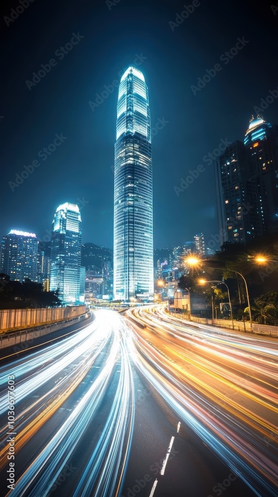 Fototapeta premium Dynamic Nightscape Illuminated Skyscrapers and Flowing Traffic in a Vibrant Cityscape