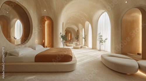 Warm Toned Bedroom with High Ceilings and Circular Design