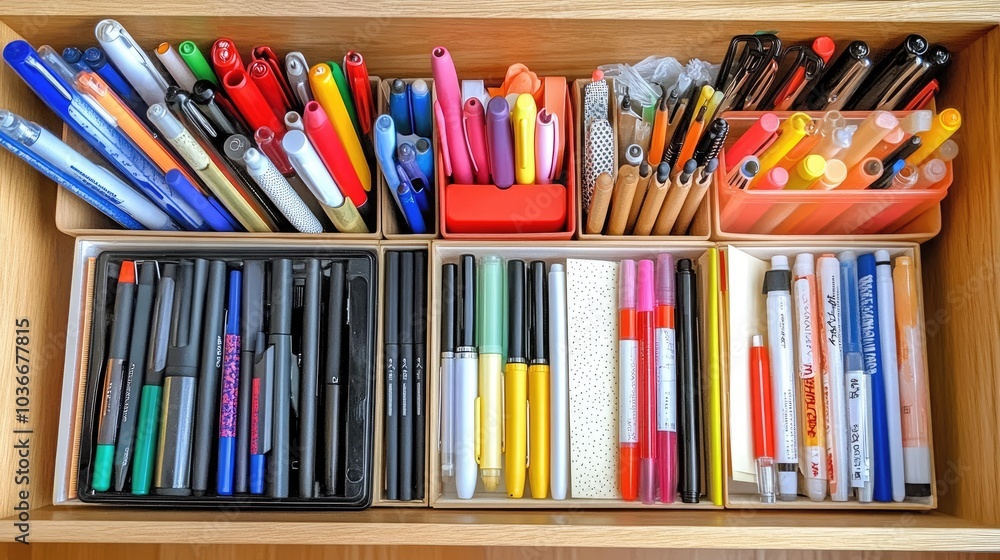 Organized Writing Tools in a Wooden Drawer Organized Writing Tools in a Wooden Drawer