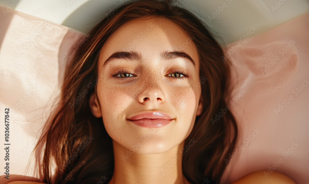 Close-Up Portrait of a Freckled Woman Relaxing in Sunlight Close-Up Portrait of a Freckled Woman Relaxing in Sunlight