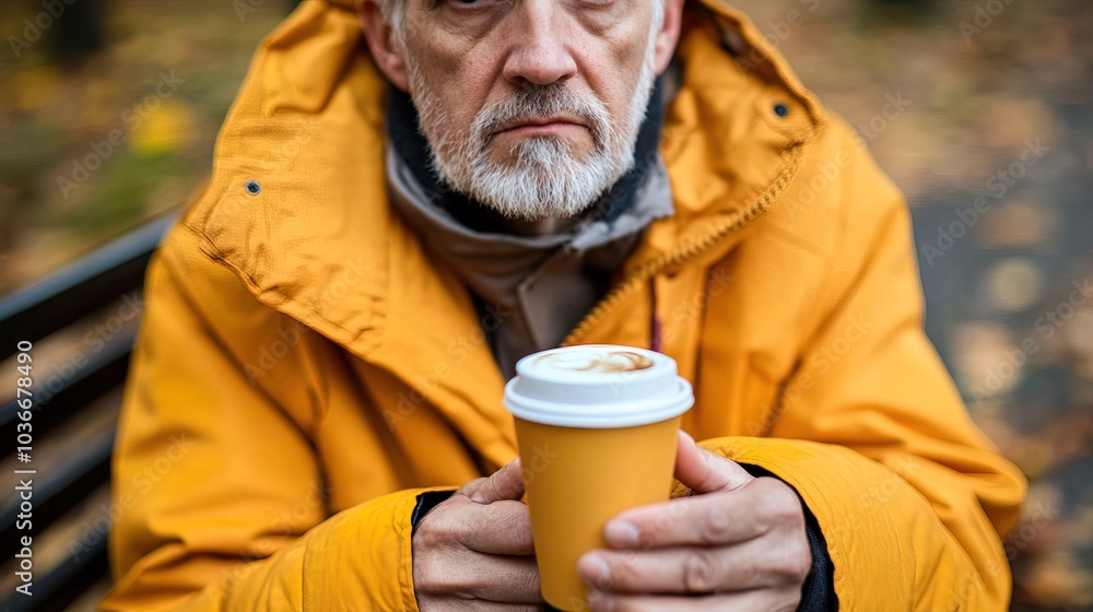Middle-aged man with slight tremor holding cup of coffee on park bench, symbolizing struggle with Parkinson's disease, calm natural setting. Middle-aged man with slight tremor holding cup of coffee on park bench, symbolizing struggle with Parkinson's disease, calm natural setting.