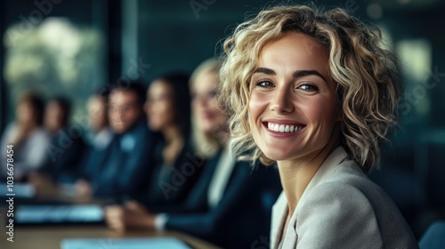 Smiling Employee at Conference Table with Team Members