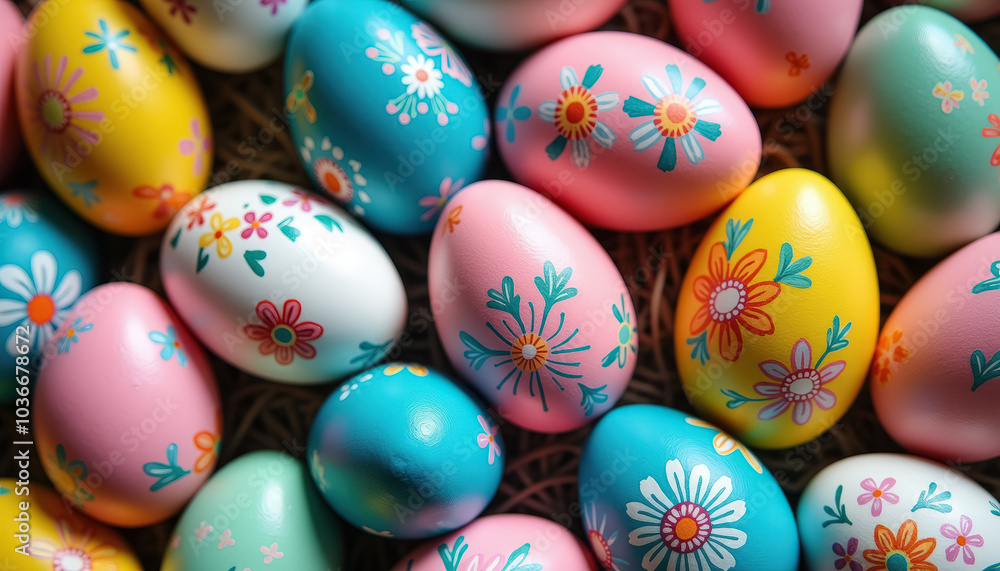 Hand-painted Easter eggs in a nest Hand-painted Easter eggs in a nest
